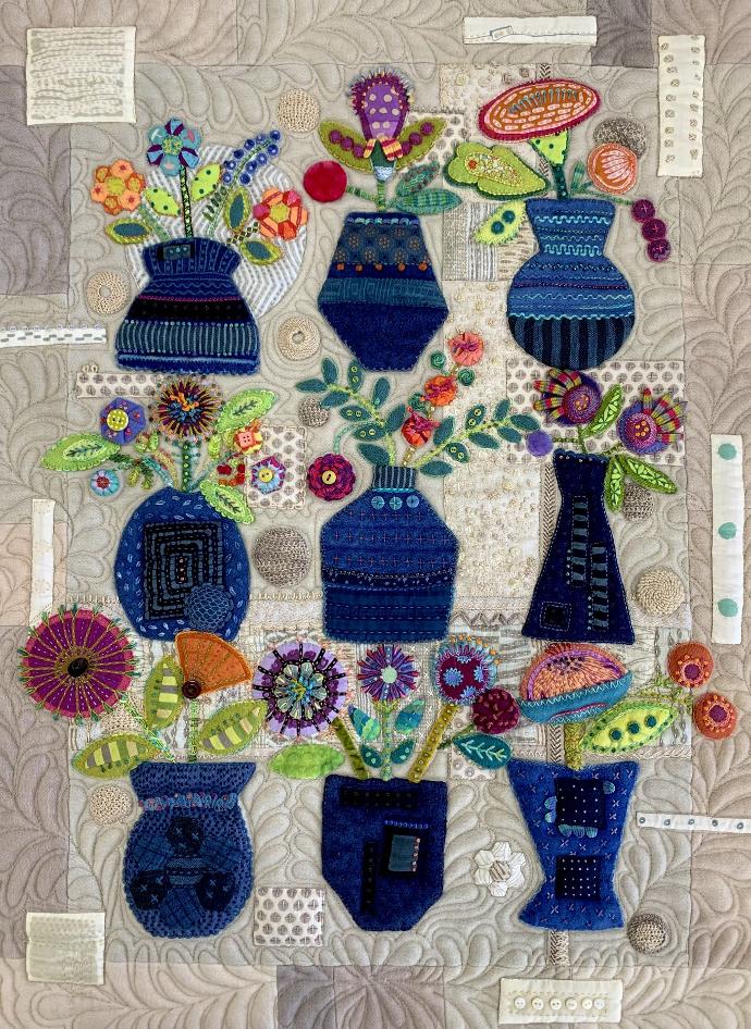 Indigo Vases - 5 Days  Sue Spargo Folk Art Quilts