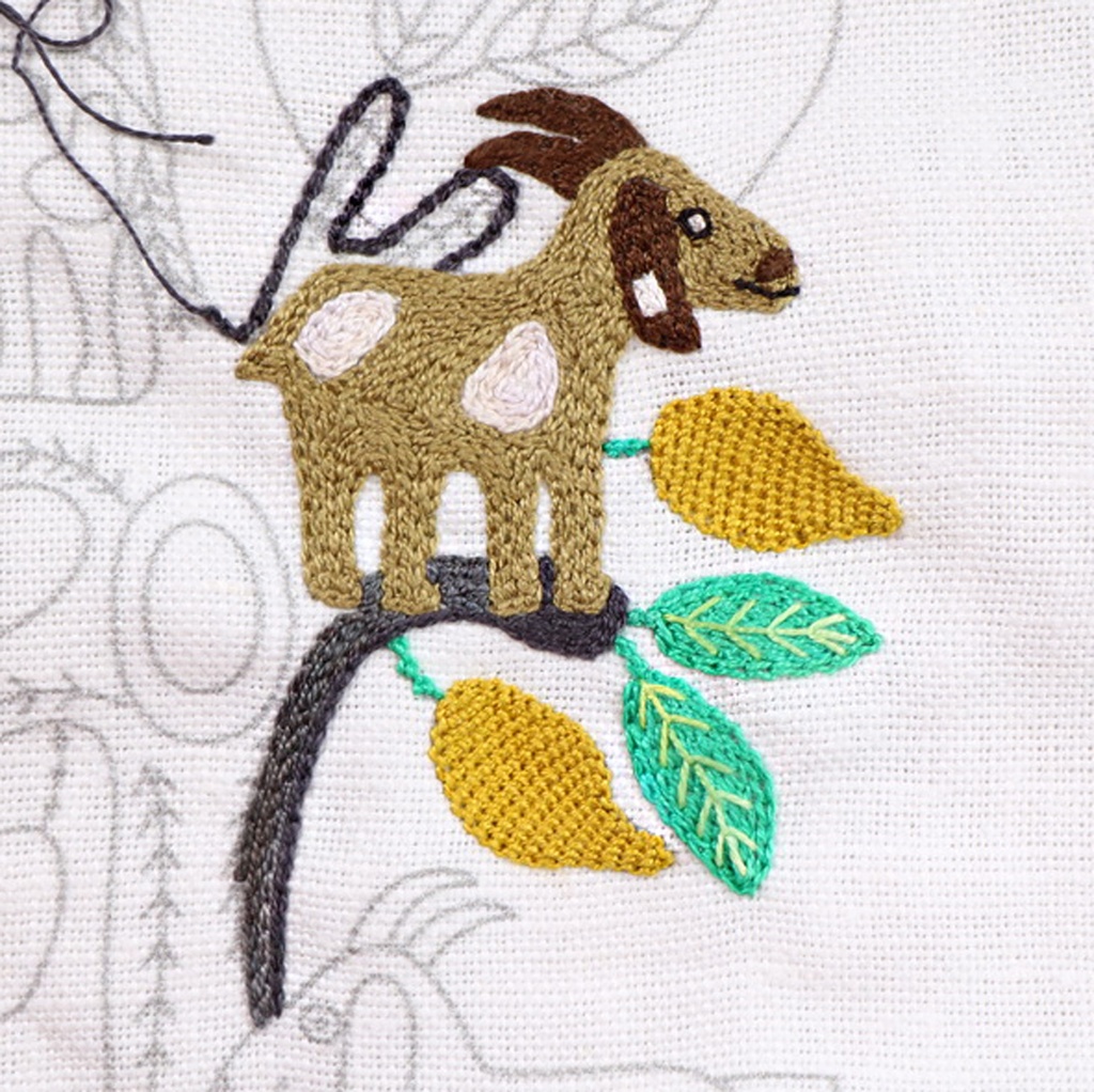Grazing the Argan, Belgian Linen Embroidery Panel