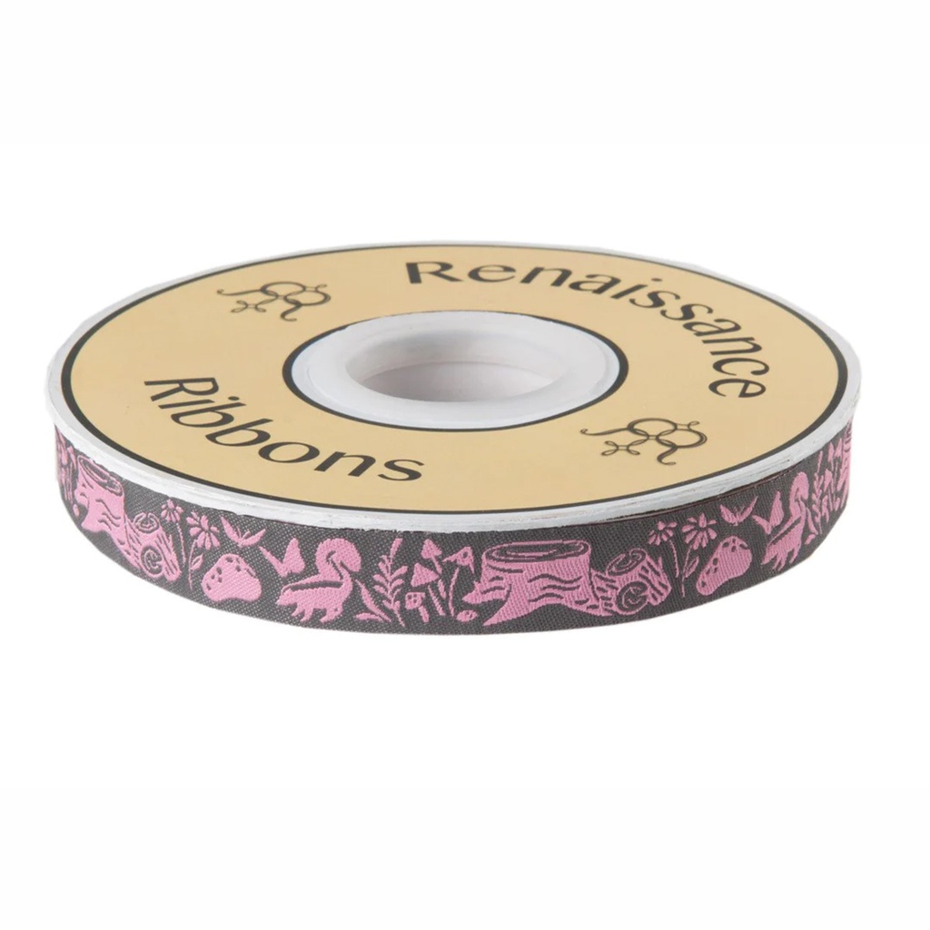 Ribbon Yardage - Woodland Ribbon Grey On Pink