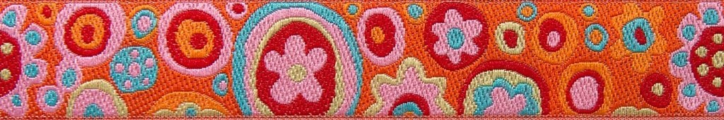 RIBBON YARDAGE - PAPERWEIGHT IN ORANGE, AQUA AND PINK ON RED