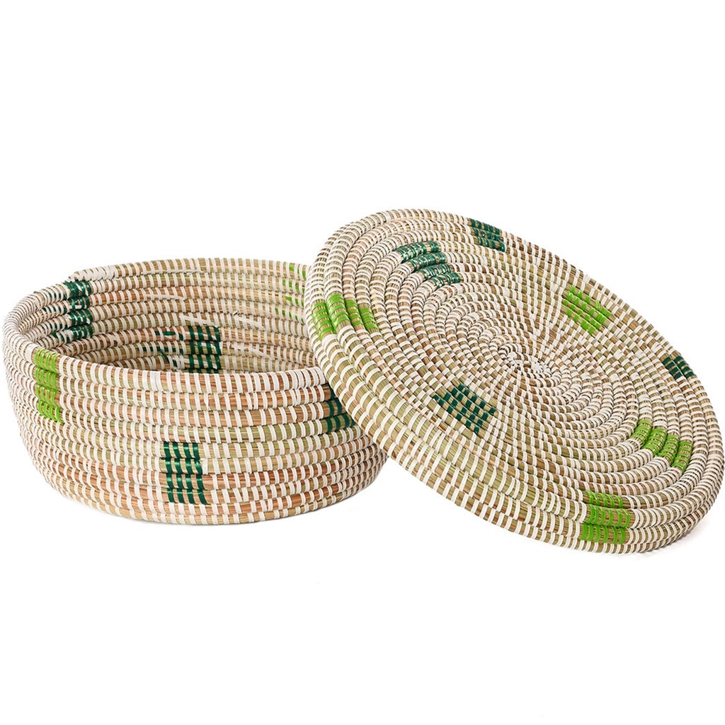 Lidded Sewing Basket, Green Squares