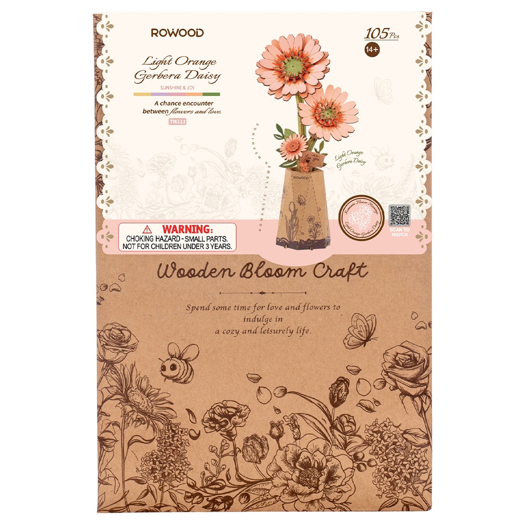 Light Orange Gerbera Daisy Rowood Diy Wooden Flower 3D Puzzle