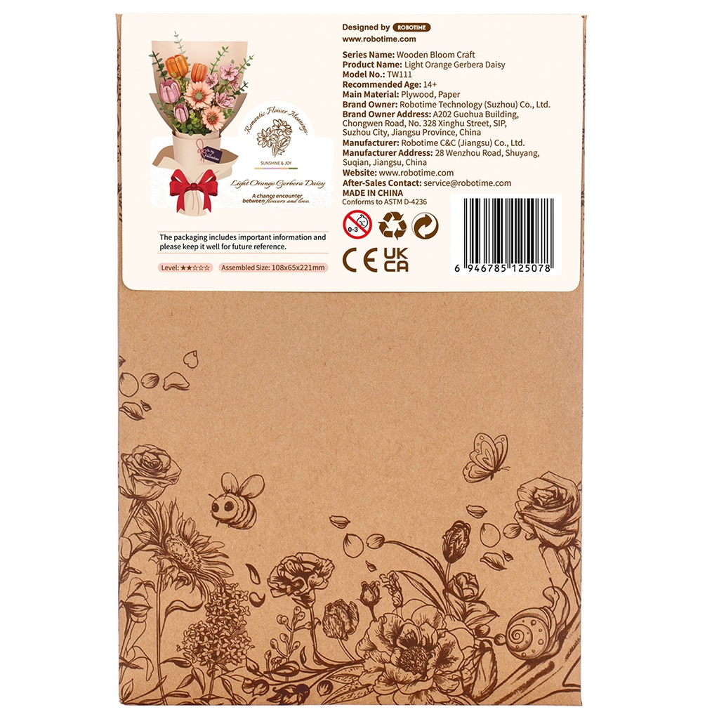 Light Orange Gerbera Daisy Rowood Diy Wooden Flower 3D Puzzle