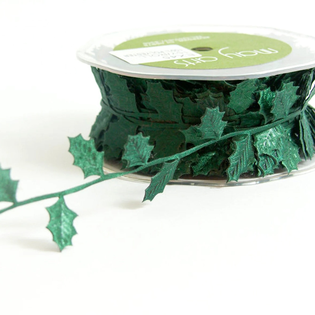 [RBYD_EX45] Ribbon Yardage - Green Holly Leaves