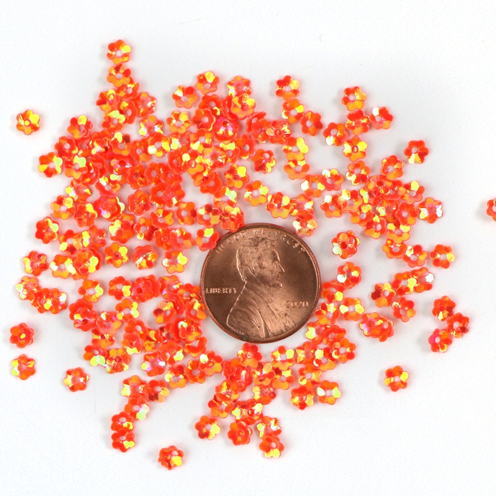 4mm Flower Sequins, Deep Orange with Gold & Green Lights