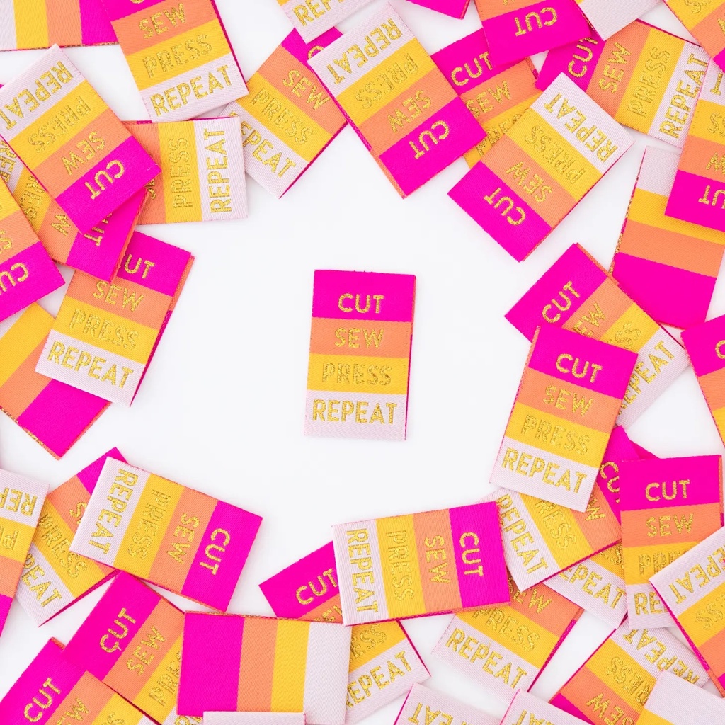 "Cut Sew Press Repeat" Sewing Woven Labels, 8pk