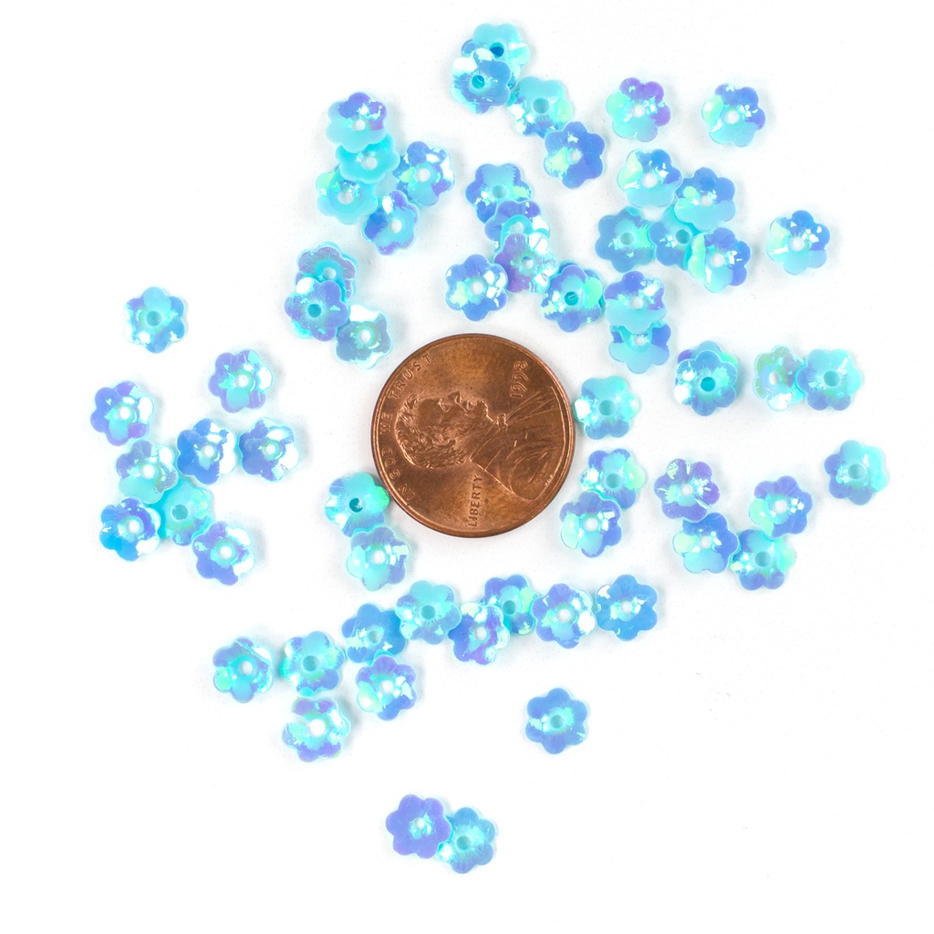 6mm Flower Sequins, Pale Blue with Blue Lights