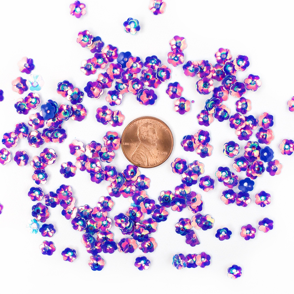 6mm Flower Sequins, Pink with Purple, Gold, & Green Lights