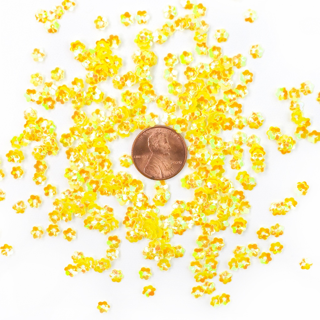 6mm Flower Sequins, Yellow with Orange & Green Lights