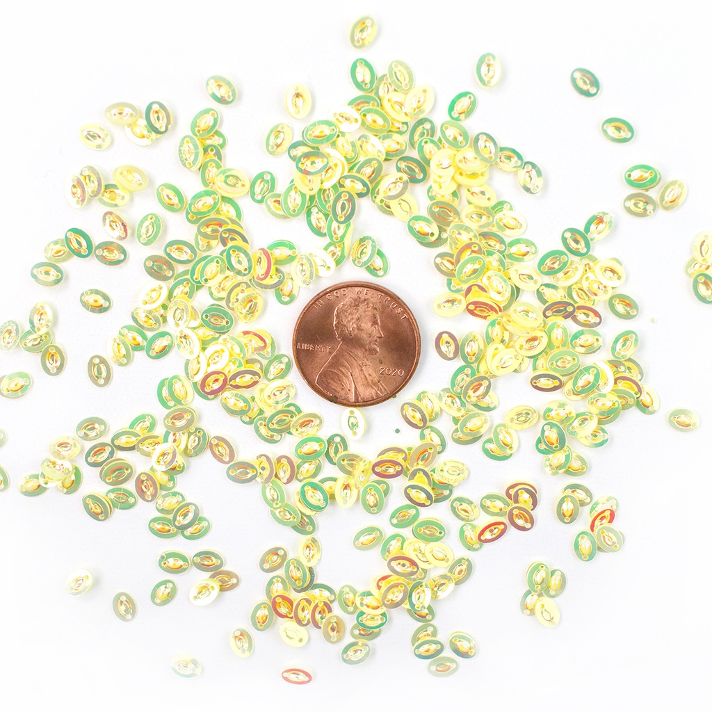 4mm x 6mm Flat Oval Sequins, Lemon Yellow with Red & Green Lights