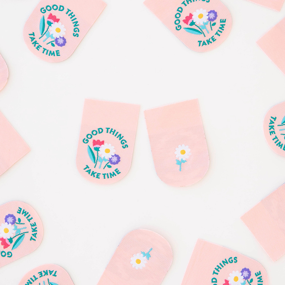 "Good Things Take Time" Woven Labels, 4pk