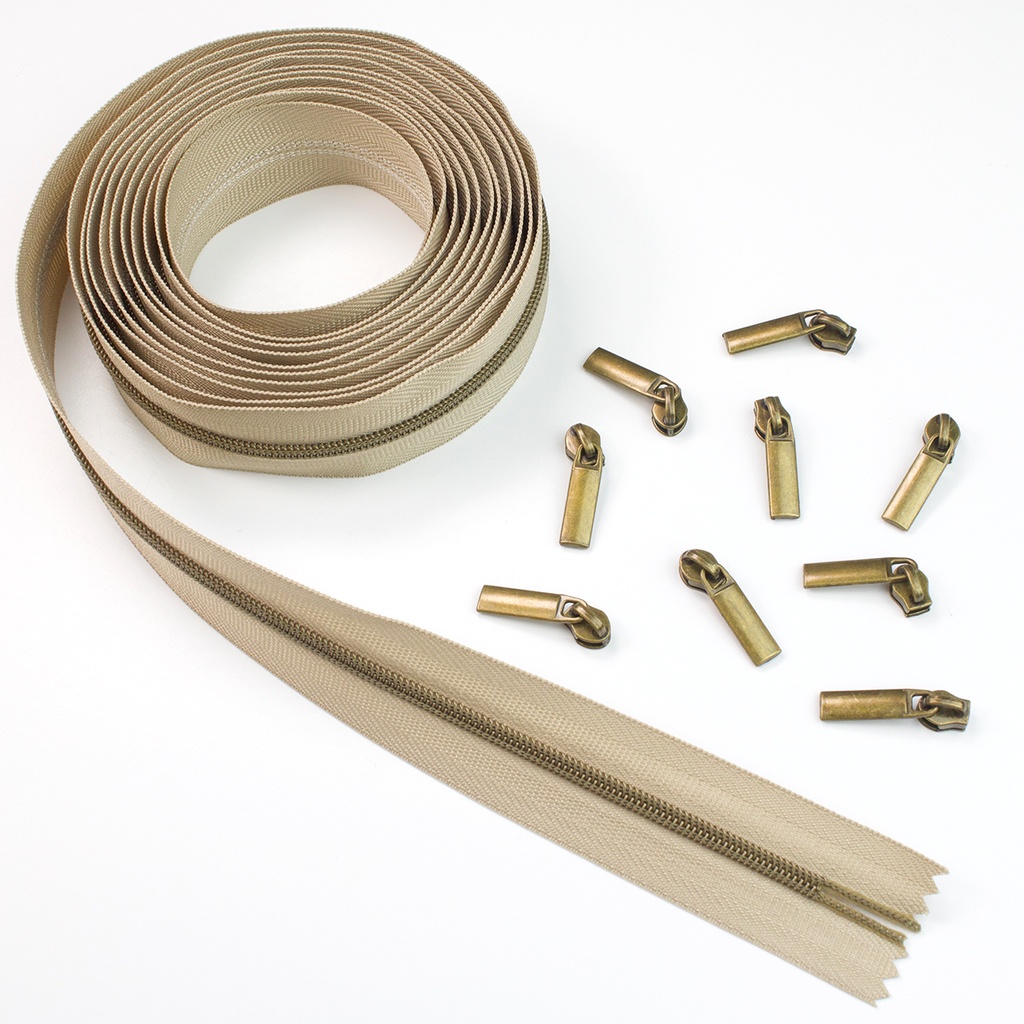 [NOT_ZBY3C24] #3 Nylon Coil Zippers: 3 Yards with 9 Pulls (Beige/Antique)