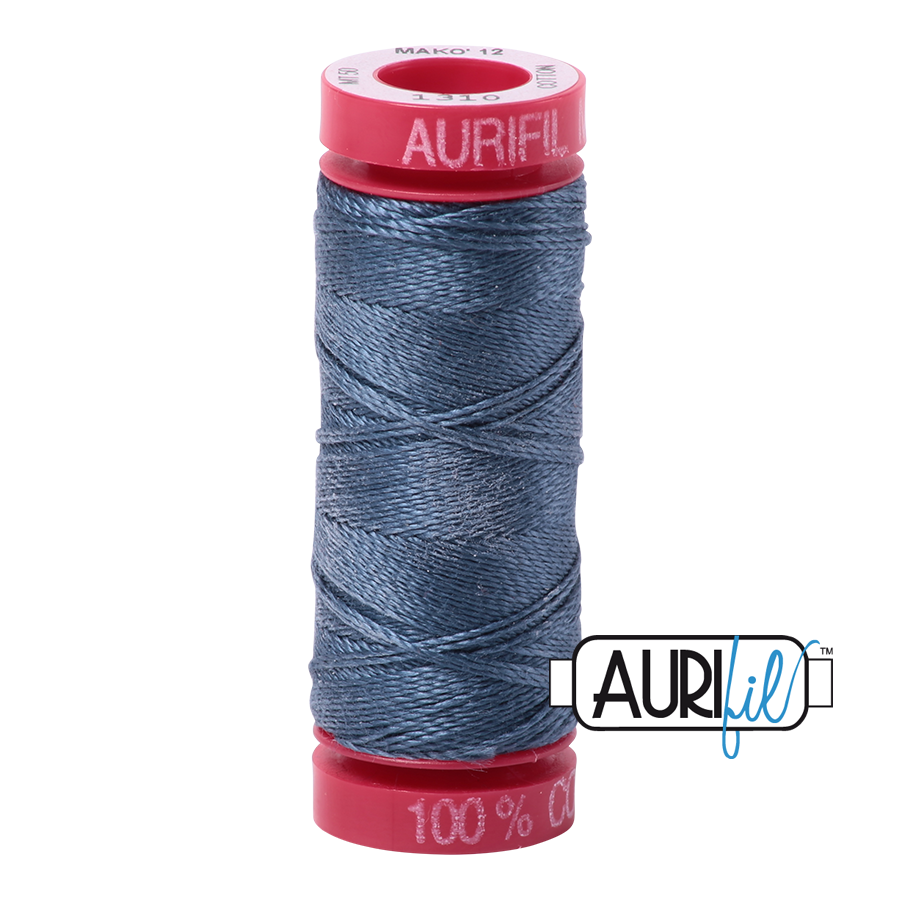 Aurifil 12wt Cotton, Mako' 50m Spool, Medium Blue Grey (#1310)
