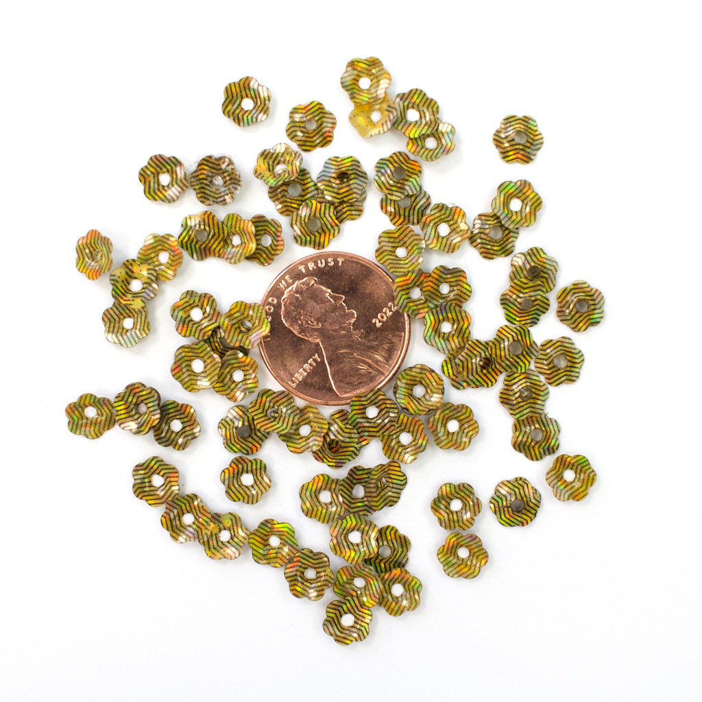 6mm Flower Sequins, Matte Gold with Black lines & Red Lights