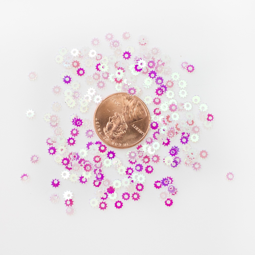 4mm Cogs Sequins, Pearl White with Pink Lights