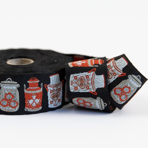 [RBYD_100611-03-H] Ribbon Yardage - Milk Cans on Black